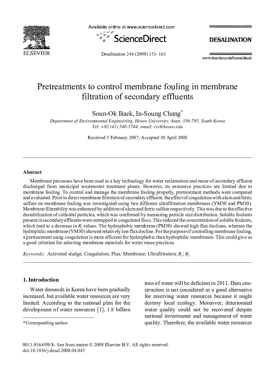 Pretreatments to control membrane fouling in membrane filtration of secondary effluents