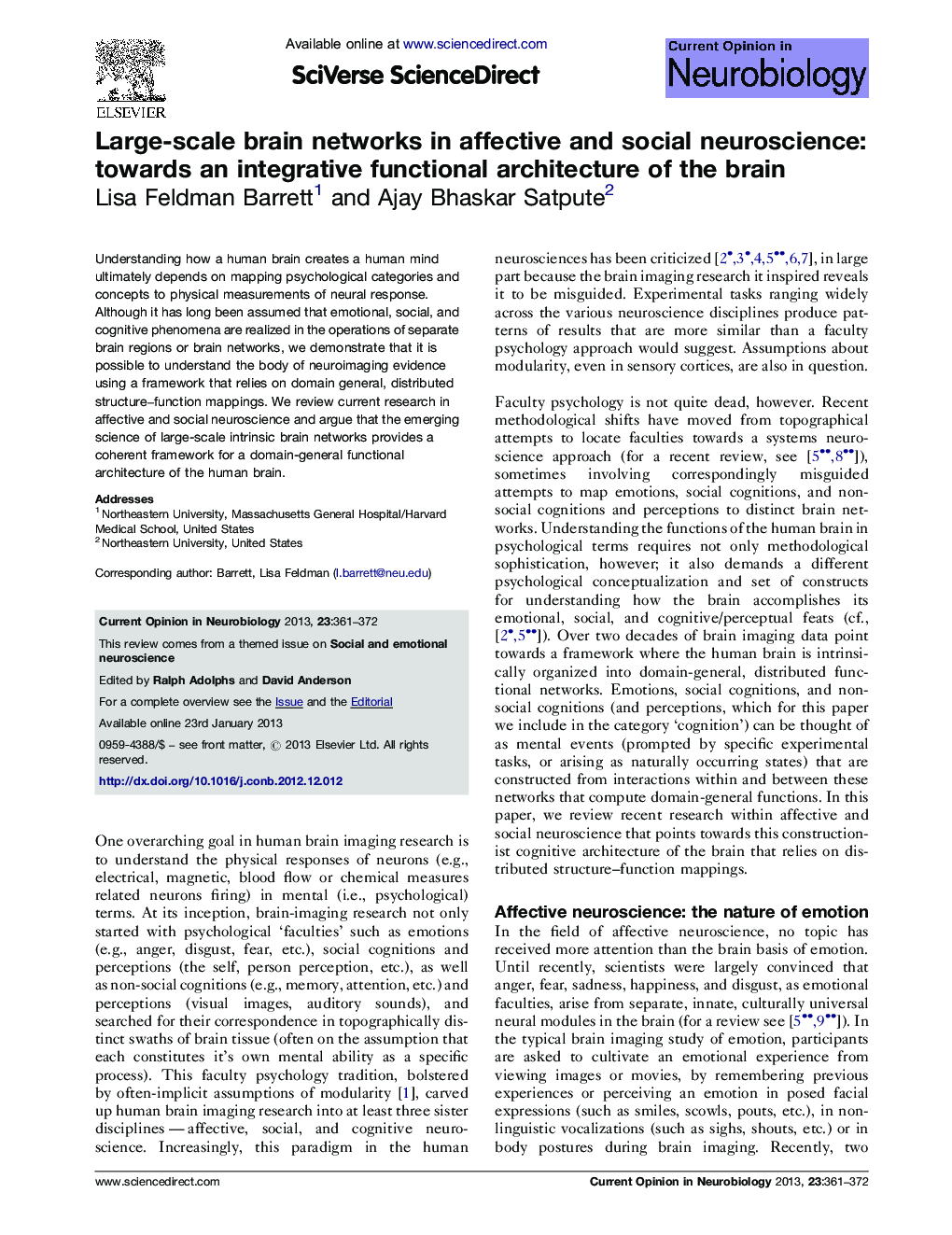 Large-scale brain networks in affective and social neuroscience: towards an integrative functional architecture of the brain
