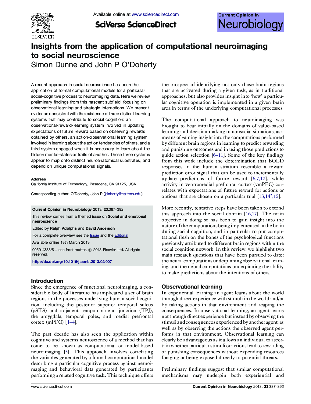 Insights from the application of computational neuroimaging to social neuroscience