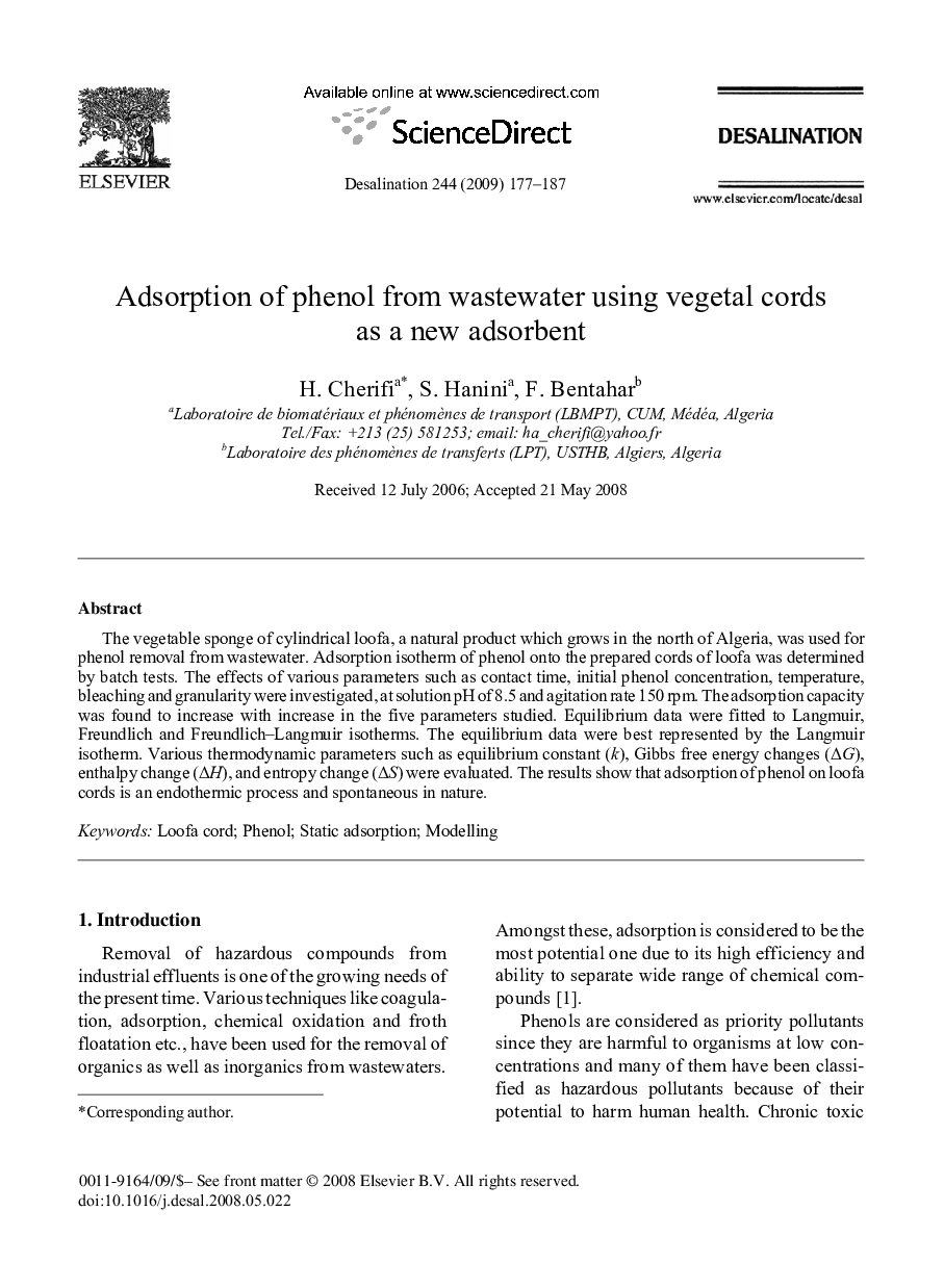 Adsorption of phenol from wastewater using vegetal cords as a new adsorbent