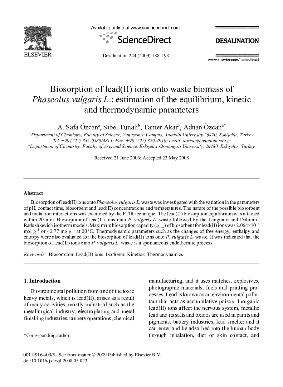 Biosorption of lead(II) ions onto waste biomass of Phaseolus vulgaris L.: estimation of the equilibrium, kinetic and thermodynamic parameters