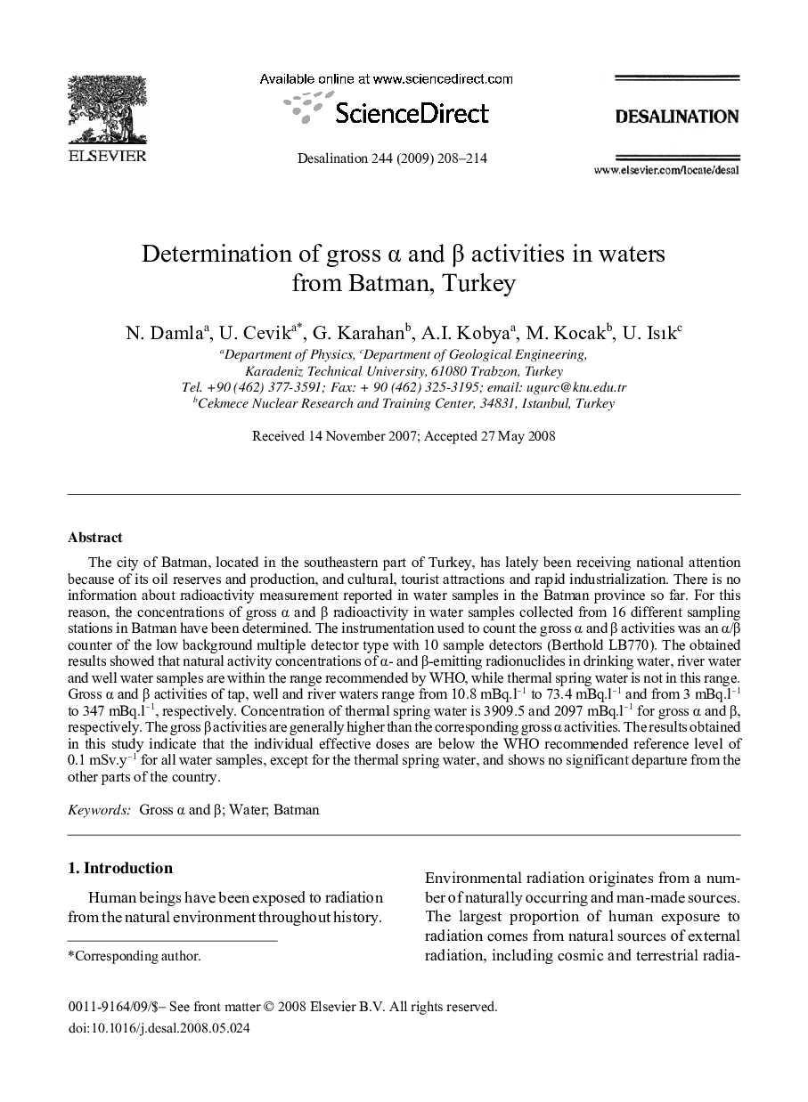 Determination of gross α and β activities in waters from Batman, Turkey