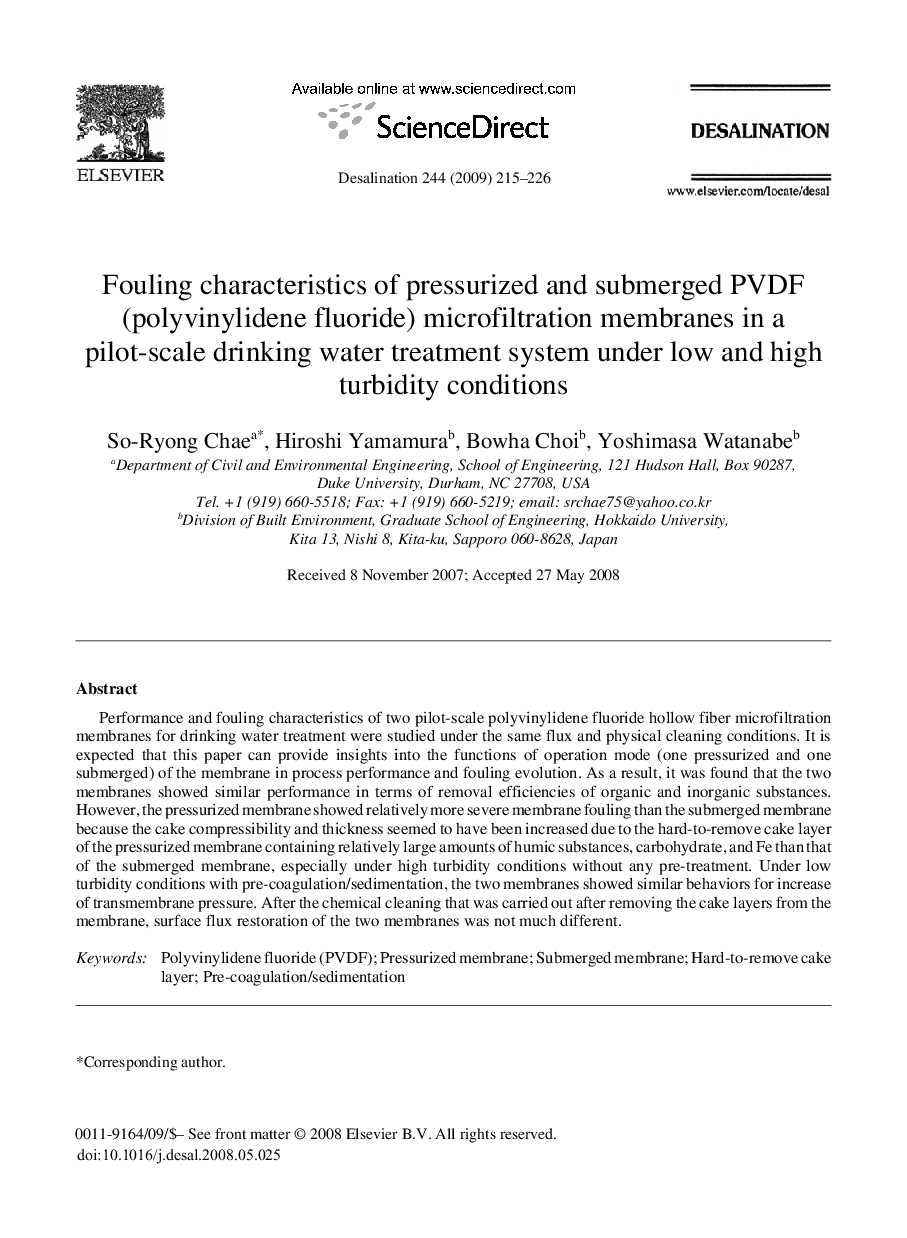 Fouling characteristics of pressurized and submerged PVDF (polyvinylidene fluoride) microfiltration membranes in a pilot-scale drinking water treatment system under low and high turbidity conditions