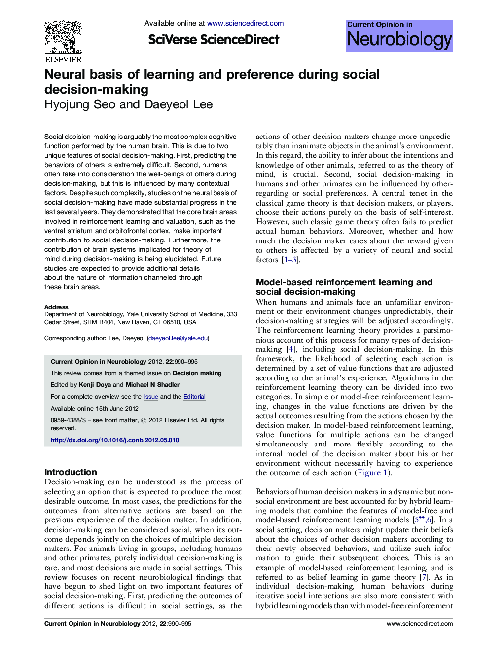 Neural basis of learning and preference during social decision-making