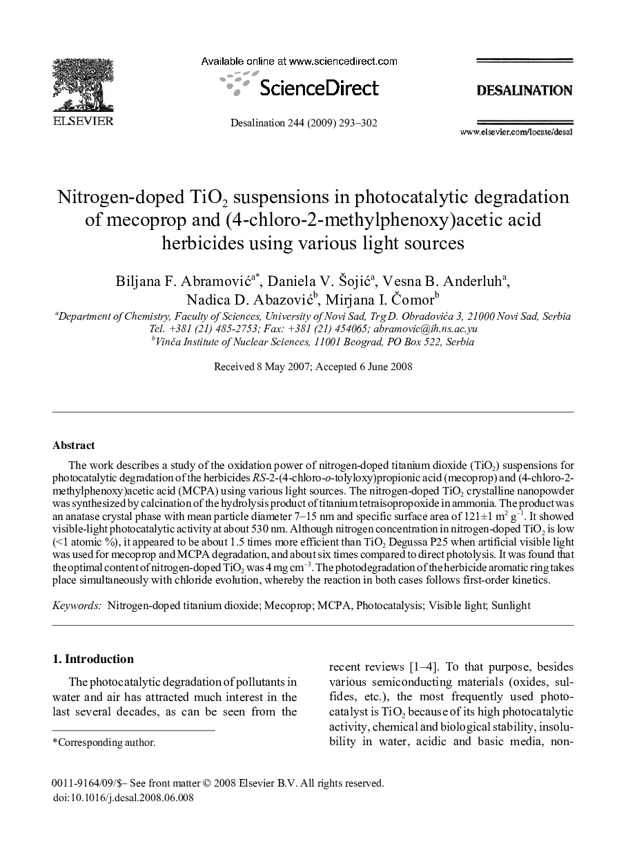 Nitrogen-doped TiO2 suspensions in photocatalytic degradation of mecoprop and (4-chloro-2-methylphenoxy)acetic acid herbicides using various light sources