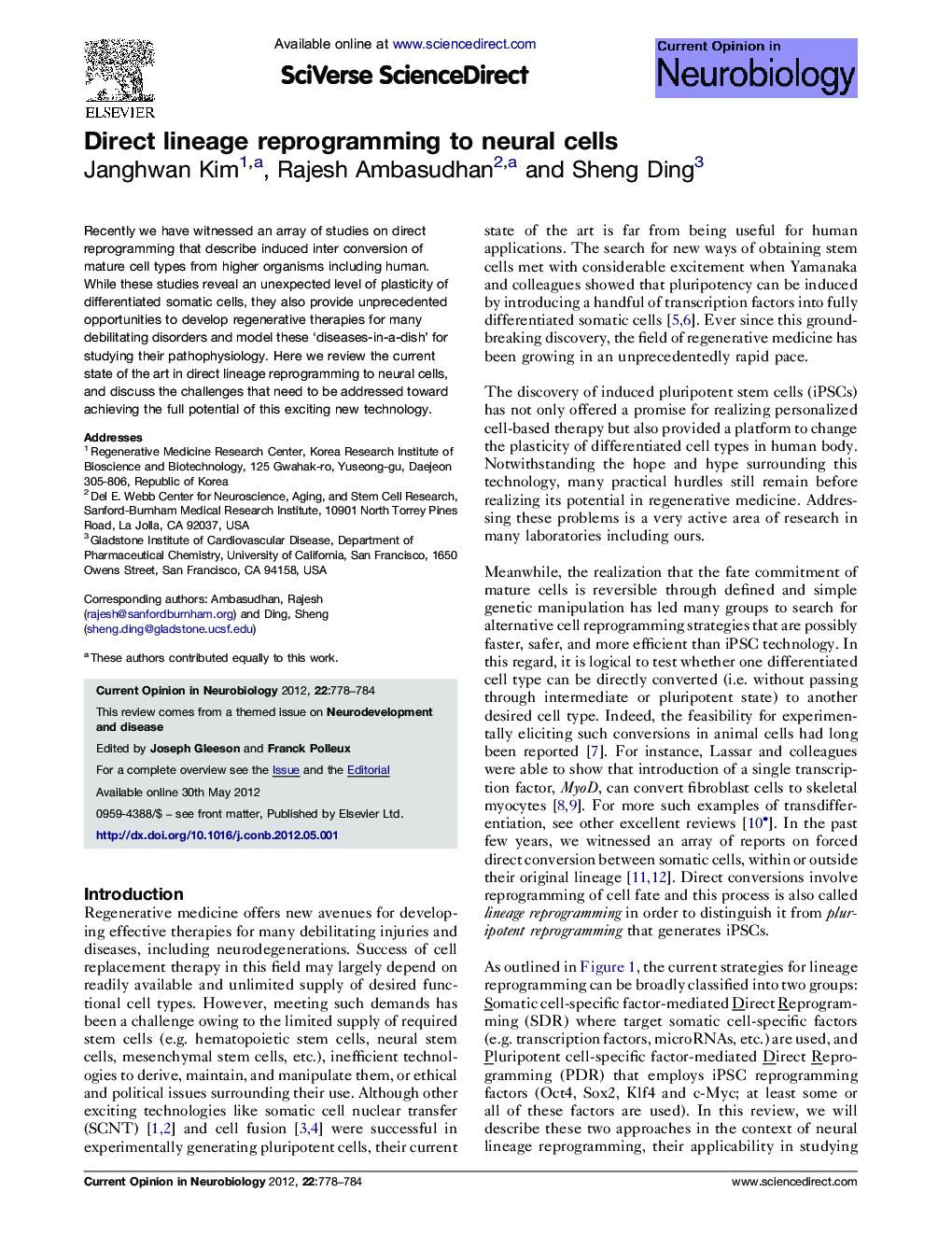 Direct lineage reprogramming to neural cells