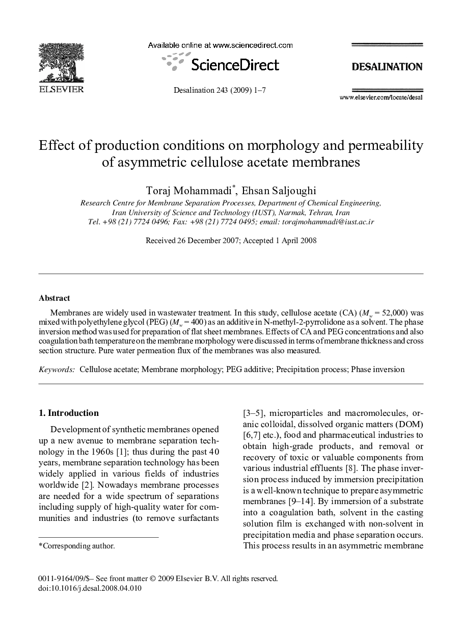 Effect of production conditions on morphology and permeability of asymmetric cellulose acetate membranes