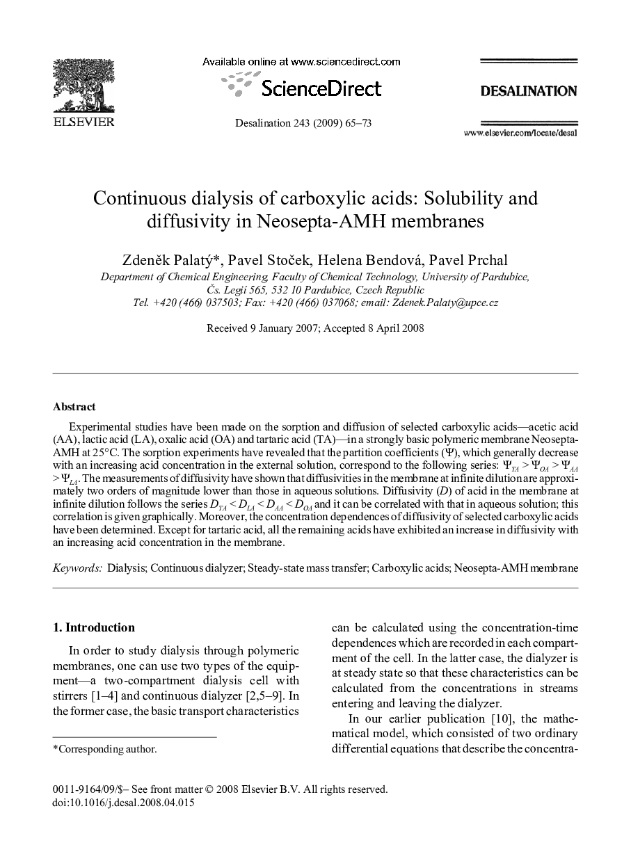 Continuous dialysis of carboxylic acids: Solubility and diffusivity in Neosepta-AMH membranes