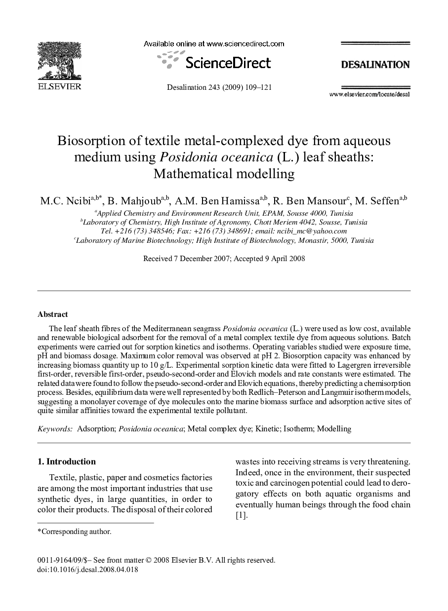 Biosorption of textile metal-complexed dye from aqueous medium using Posidonia oceanica (L.) leaf sheaths: Mathematical modelling