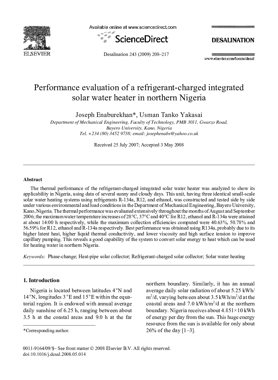 Performance evaluation of a refrigerant-charged integrated solar water heater in northern Nigeria