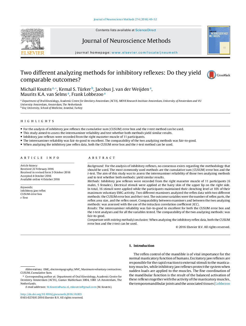 Two different analyzing methods for inhibitory reflexes: Do they yield comparable outcomes?