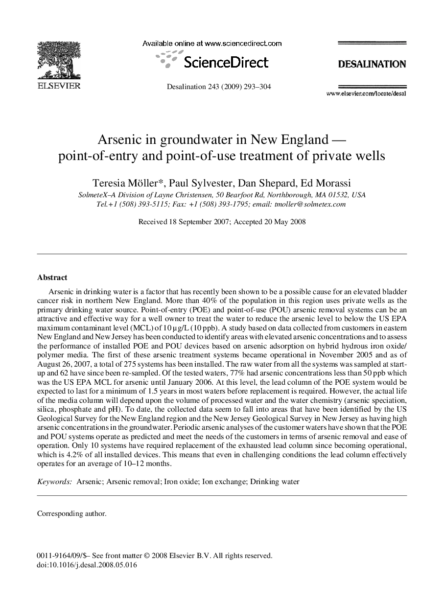 Arsenic in groundwater in New England - point-of-entry and point-of-use treatment of private wells