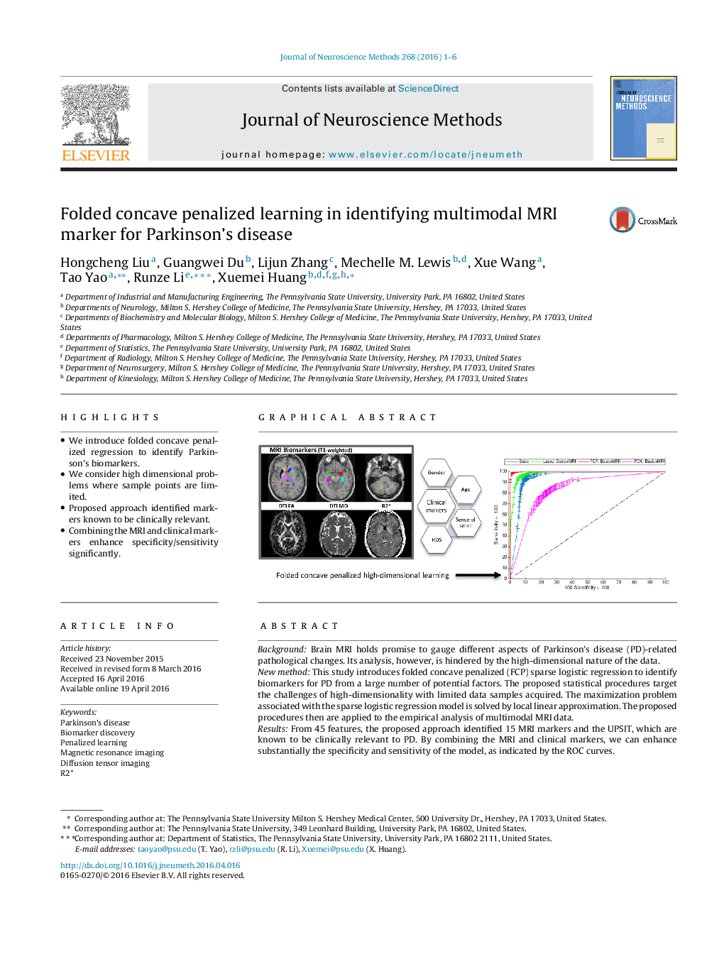 Folded concave penalized learning in identifying multimodal MRI marker for Parkinson's disease