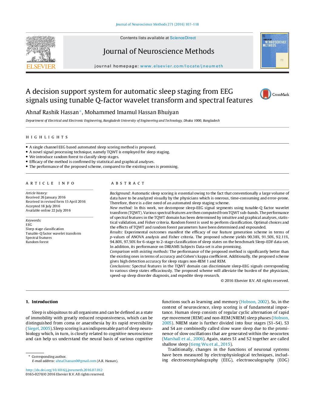 A decision support system for automatic sleep staging from EEG signals using tunable Q-factor wavelet transform and spectral features