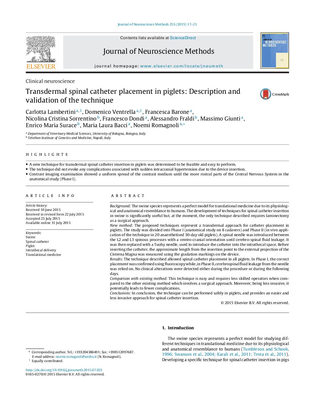 Transdermal spinal catheter placement in piglets: Description and validation of the technique