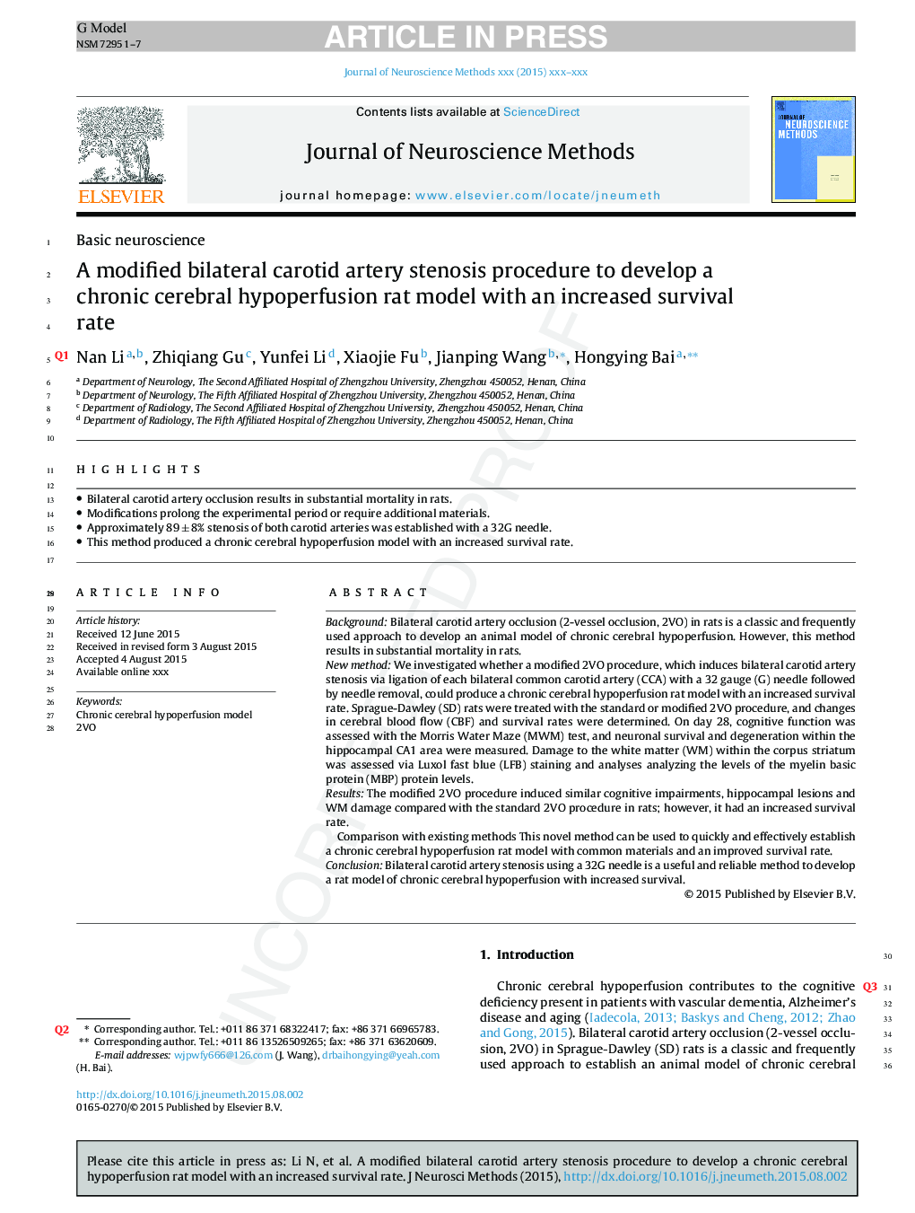 A modified bilateral carotid artery stenosis procedure to develop a chronic cerebral hypoperfusion rat model with an increased survival rate