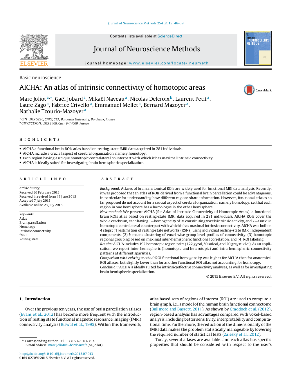 عکس صفحه اول مقاله: Basic neuroscienceAICHA: An atlas of intrinsic connectivity of homotopic areas Basic neuroscienceAICHA: An atlas of intrinsic connectivity of homotopic areas