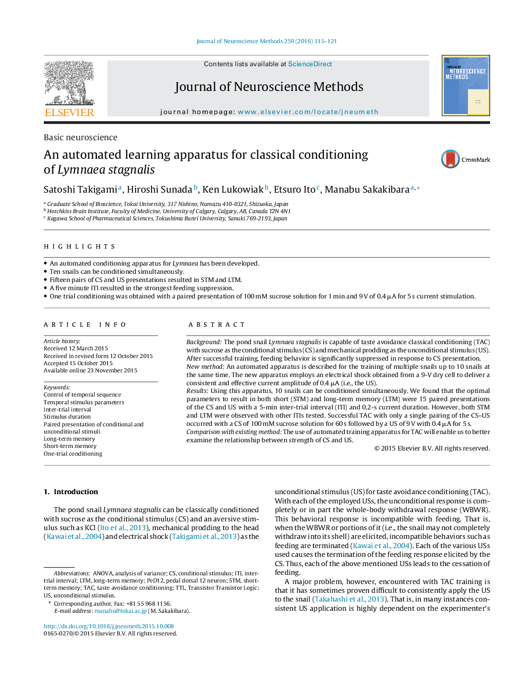 Basic neuroscienceAn automated learning apparatus for classical conditioning of Lymnaea stagnalis