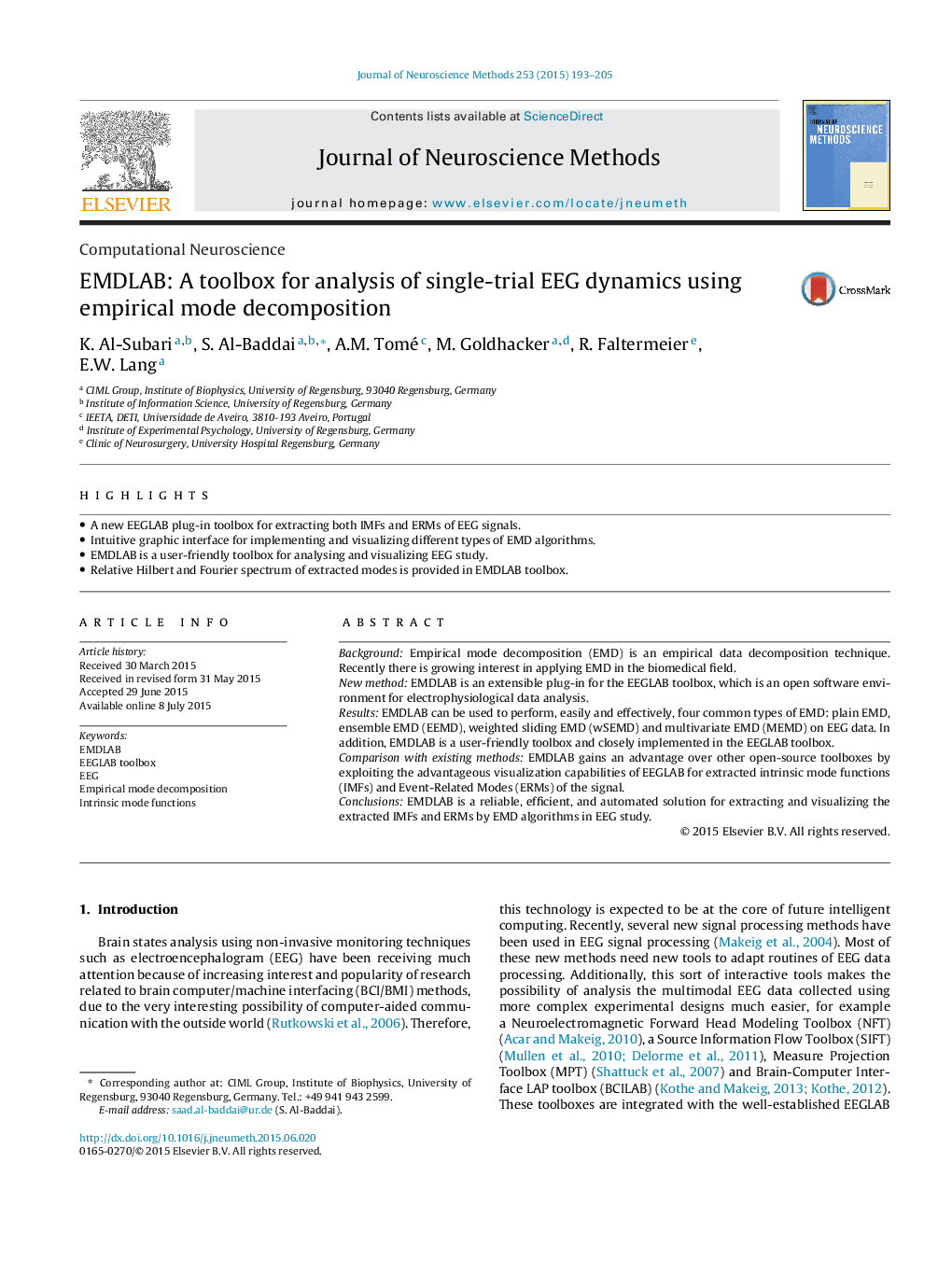 Computational NeuroscienceEMDLAB: A toolbox for analysis of single-trial EEG dynamics using empirical mode decomposition