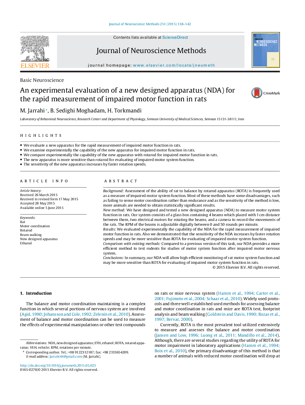 Basic NeuroscienceAn experimental evaluation of a new designed apparatus (NDA) for the rapid measurement of impaired motor function in rats