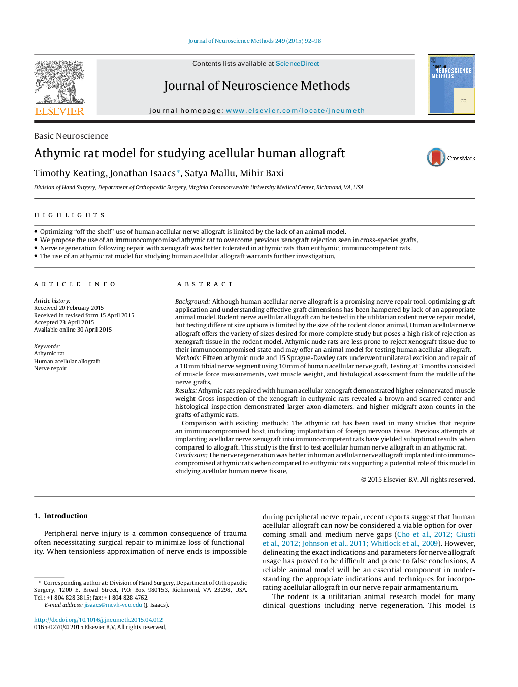 Basic NeuroscienceAthymic rat model for studying acellular human allograft