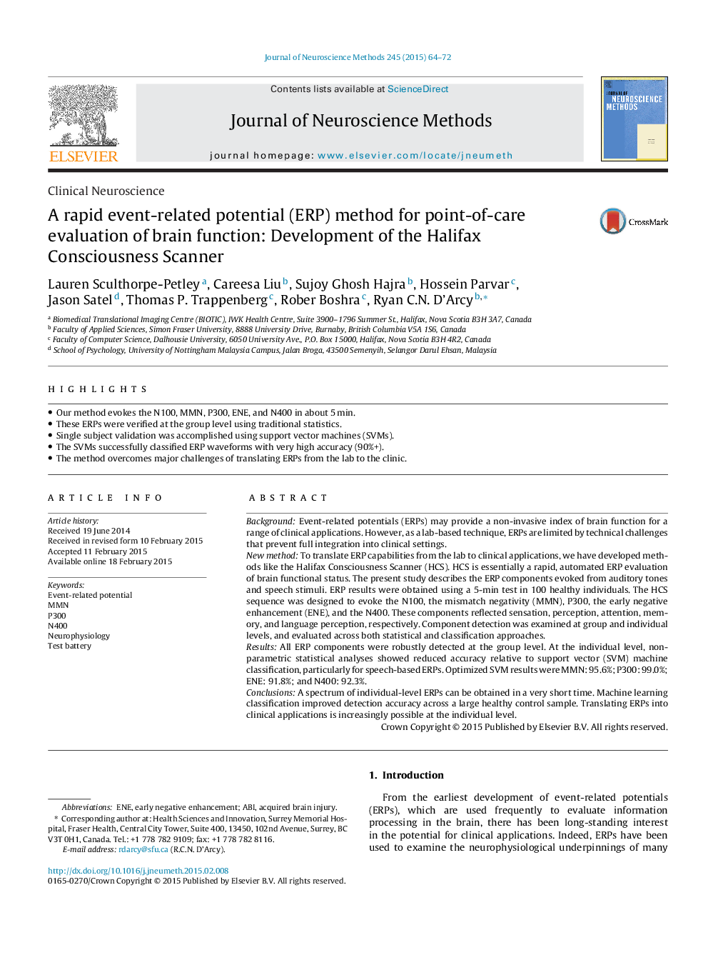 Clinical NeuroscienceA rapid event-related potential (ERP) method for point-of-care evaluation of brain function: Development of the Halifax Consciousness Scanner