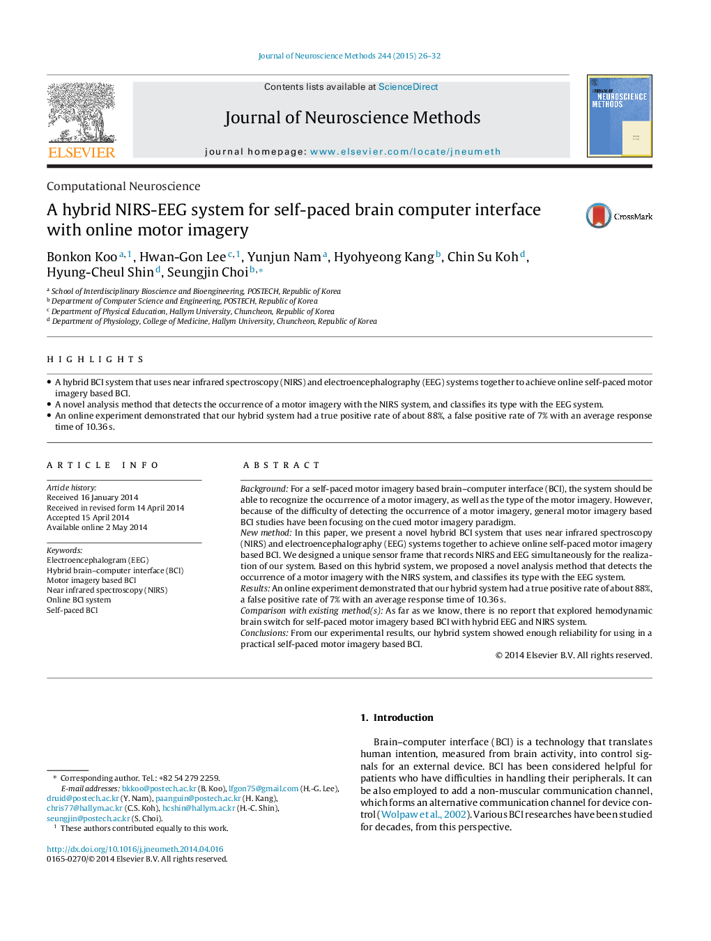 Computational NeuroscienceA hybrid NIRS-EEG system for self-paced brain computer interface with online motor imagery