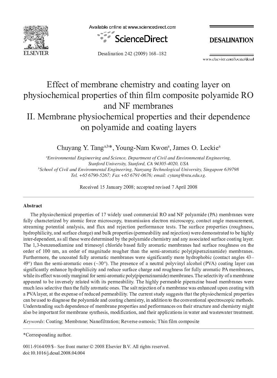 Effect of membrane chemistry and coating layer on physiochemical properties of thin film composite polyamide RO and NF membranes: II. Membrane physiochemical properties and their dependence on polyamide and coating layers