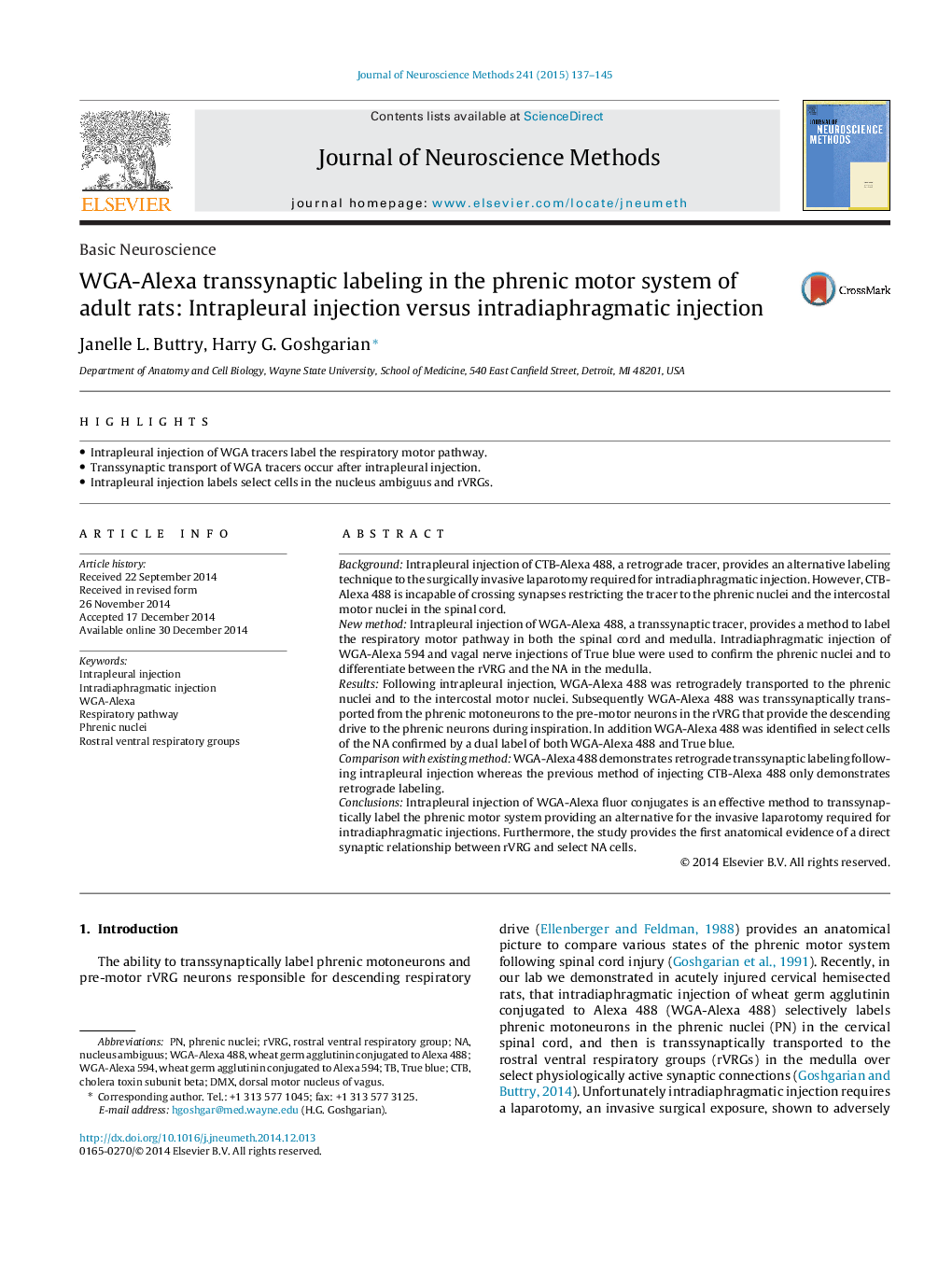 Basic NeuroscienceWGA-Alexa transsynaptic labeling in the phrenic motor system of adult rats: Intrapleural injection versus intradiaphragmatic injection