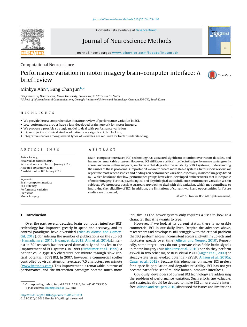 Computational NeurosciencePerformance variation in motor imagery brain-computer interface: A brief review