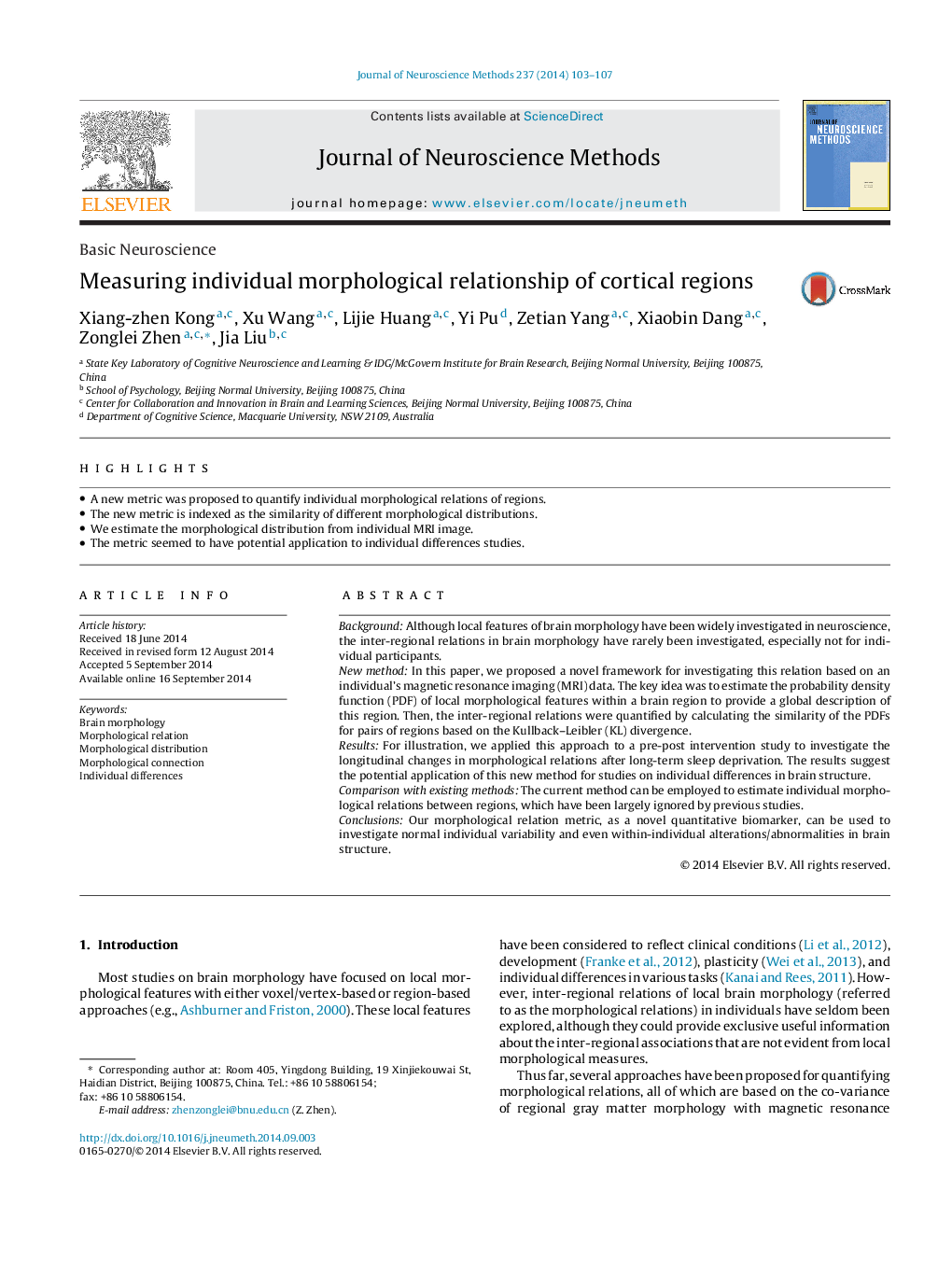 Basic NeuroscienceMeasuring individual morphological relationship of cortical regions