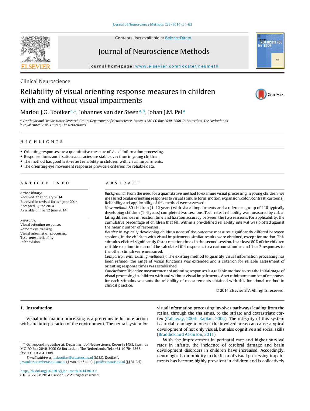 Clinical NeuroscienceReliability of visual orienting response measures in children with and without visual impairments