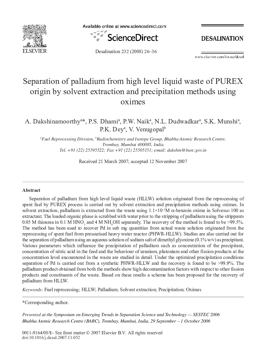 Separation of palladium from high level liquid waste of PUREX origin by solvent extraction and precipitation methods using oximes