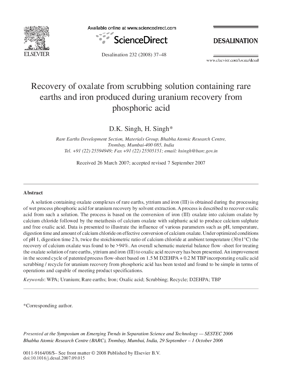 Recovery of oxalate from scrubbing solution containing rare earths and iron produced during uranium recovery from phosphoric acid