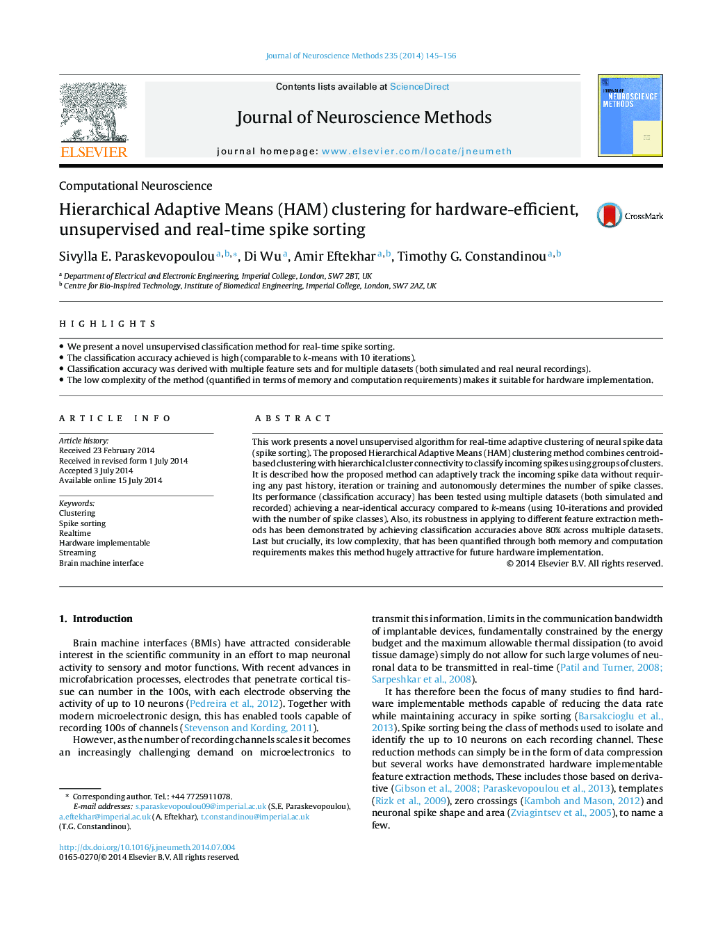 Hierarchical Adaptive Means (HAM) clustering for hardware-efficient, unsupervised and real-time spike sorting