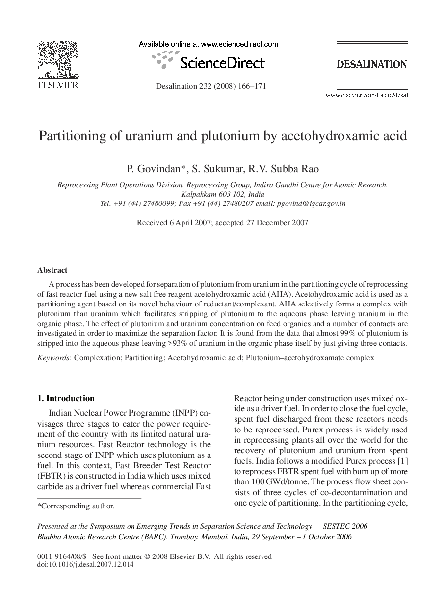 Partitioning of uranium and plutonium by acetohydroxamic acid