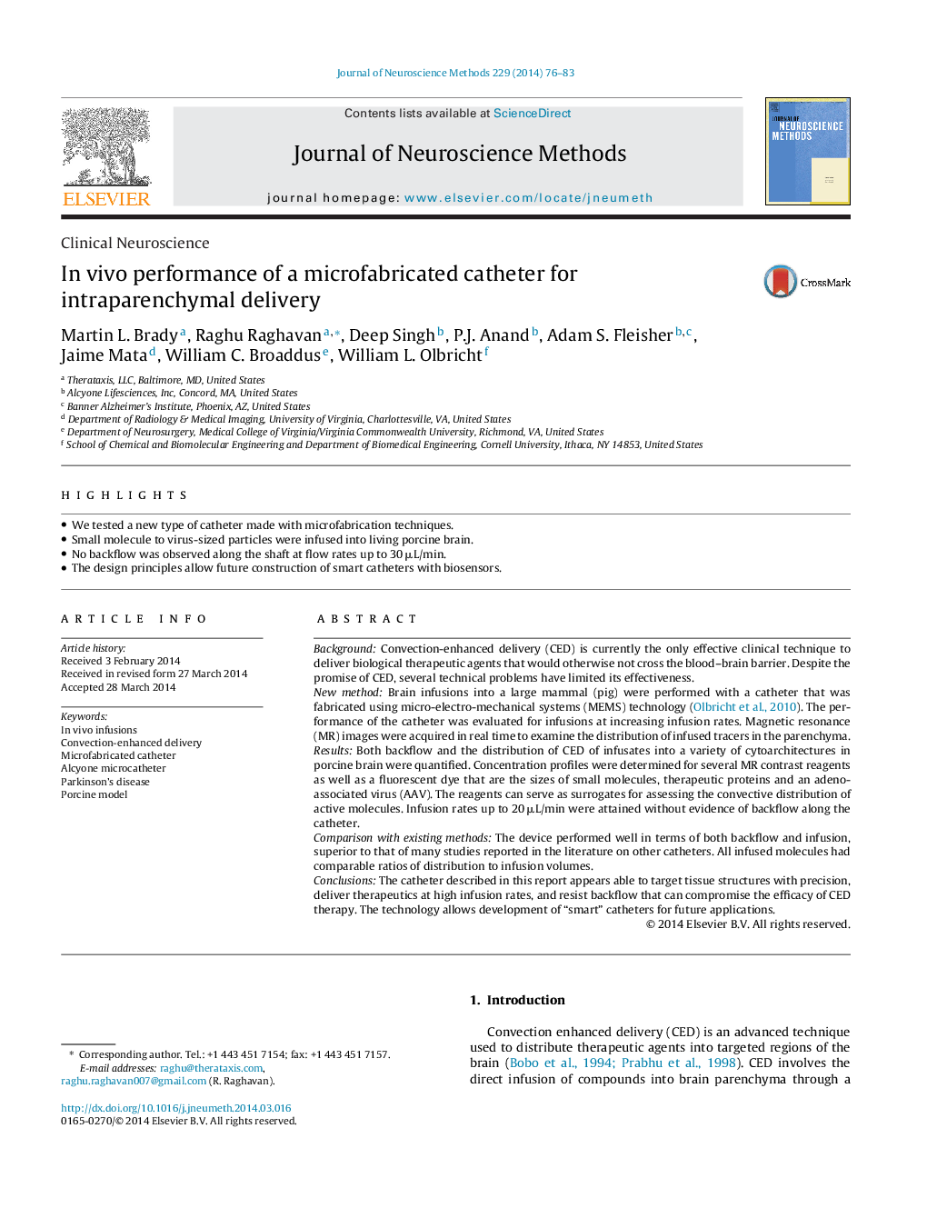 Clinical NeuroscienceIn vivo performance of a microfabricated catheter for intraparenchymal delivery