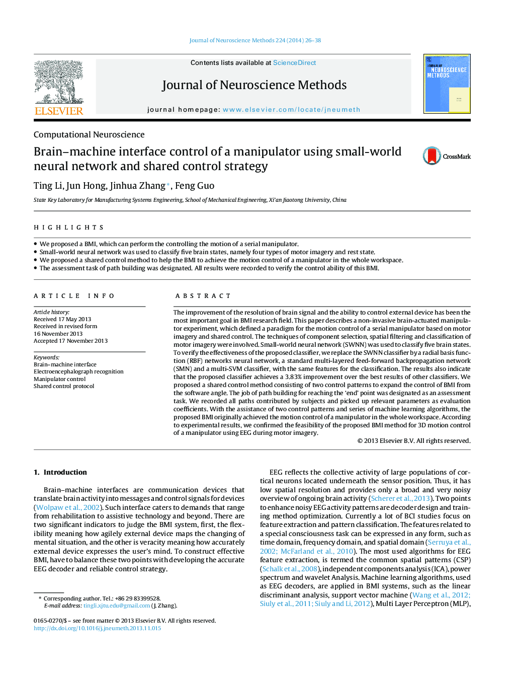 Computational NeuroscienceBrain-machine interface control of a manipulator using small-world neural network and shared control strategy