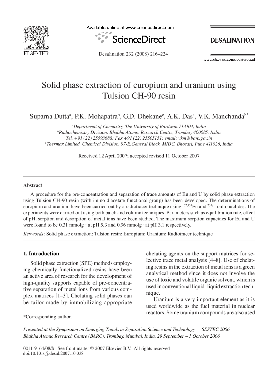 Solid phase extraction of europium and uranium using Tulsion CH-90 resin