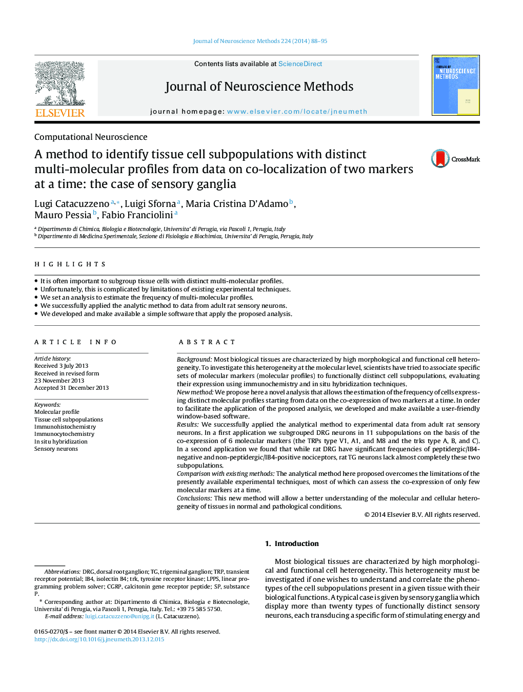 Computational NeuroscienceA method to identify tissue cell subpopulations with distinct multi-molecular profiles from data on co-localization of two markers at a time: the case of sensory ganglia