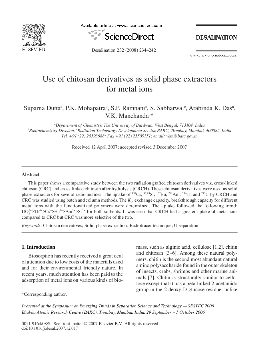 Use of chitosan derivatives as solid phase extractors for metal ions