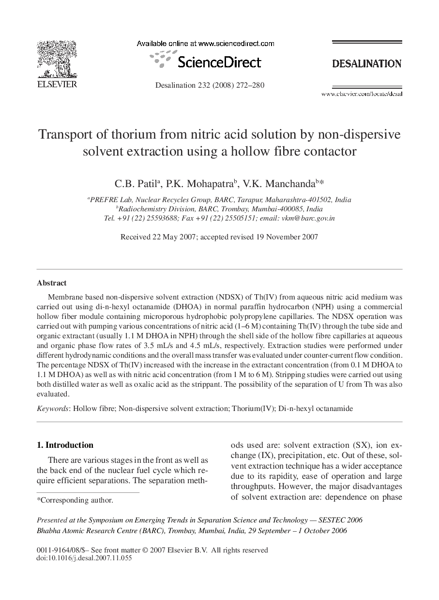 Transport of thorium from nitric acid solution by non-dispersive solvent extraction using a hollow fibre contactor