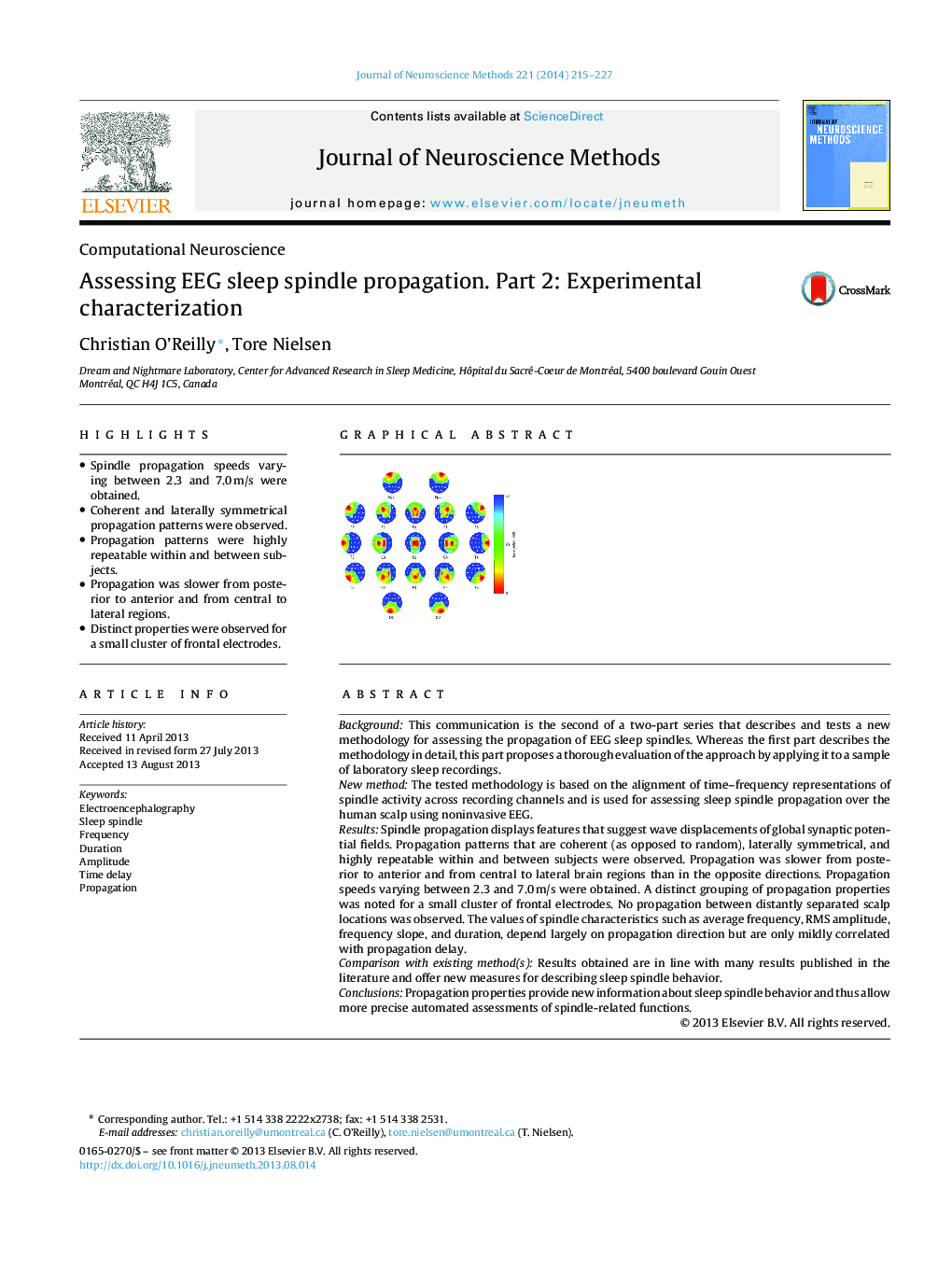 Computational NeuroscienceAssessing EEG sleep spindle propagation. Part 2: Experimental characterization