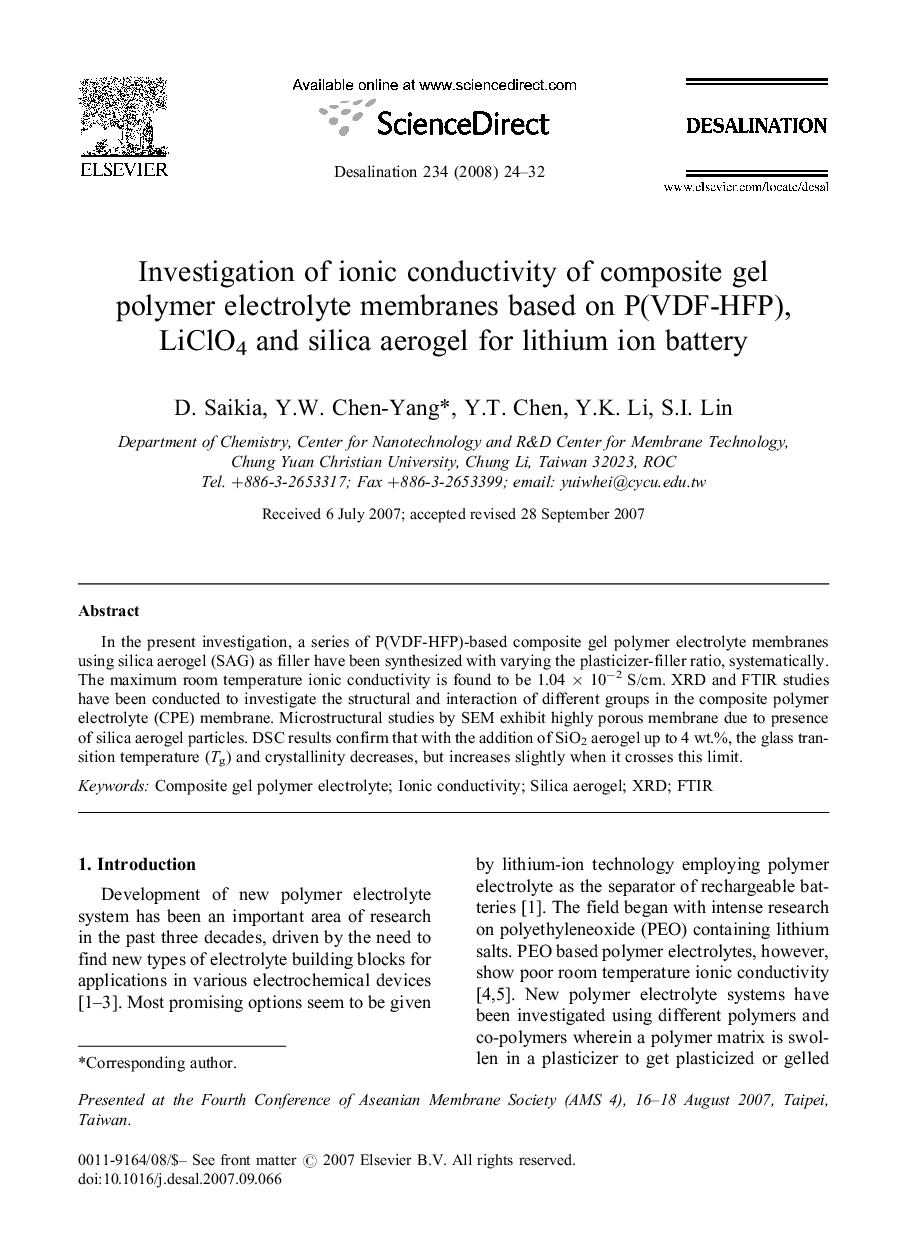 Investigation of ionic conductivity of composite gel polymer electrolyte membranes based on P(VDF-HFP), LiClO4 and silica aerogel for lithium ion battery