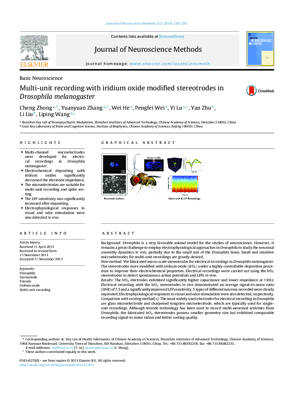 Basic NeuroscienceMulti-unit recording with iridium oxide modified stereotrodes in Drosophila melanogaster