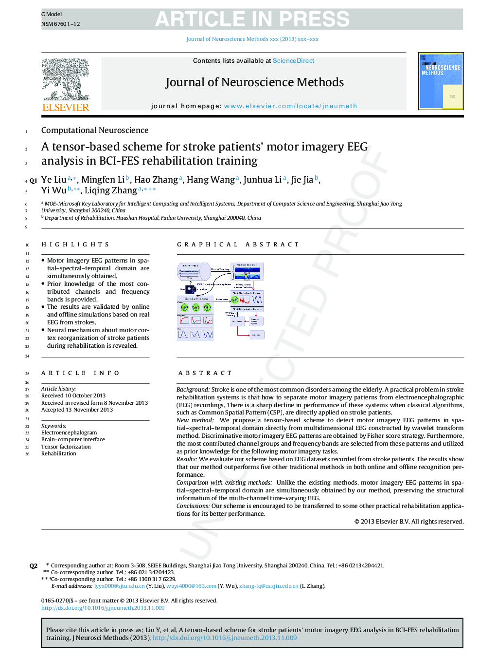 A tensor-based scheme for stroke patients' motor imagery EEG analysis in BCI-FES rehabilitation training