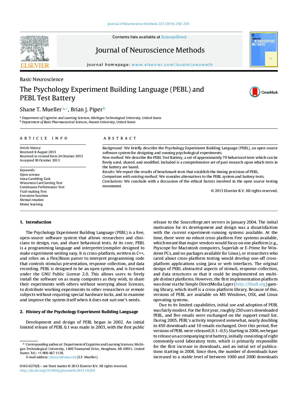 Basic NeuroscienceThe Psychology Experiment Building Language (PEBL) and PEBL Test Battery