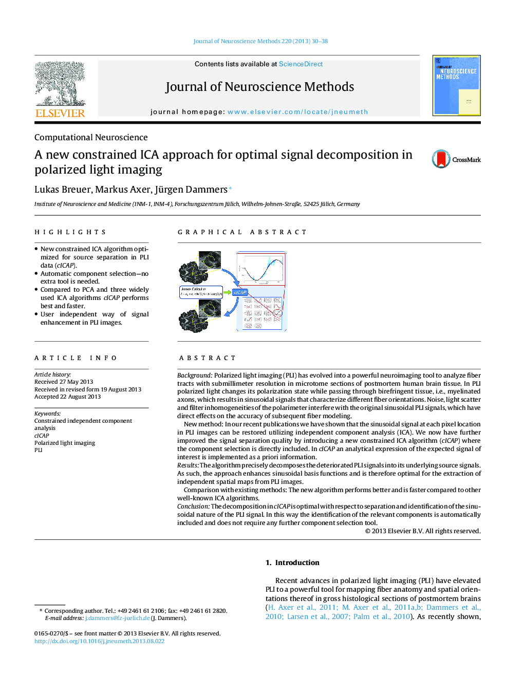 Computational NeuroscienceA new constrained ICA approach for optimal signal decomposition in polarized light imaging