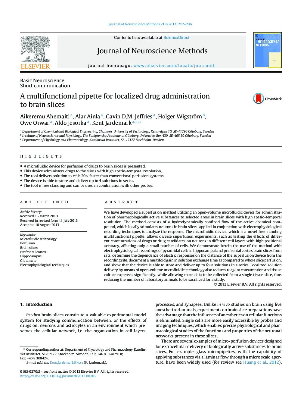 A multifunctional pipette for localized drug administration to brain slices