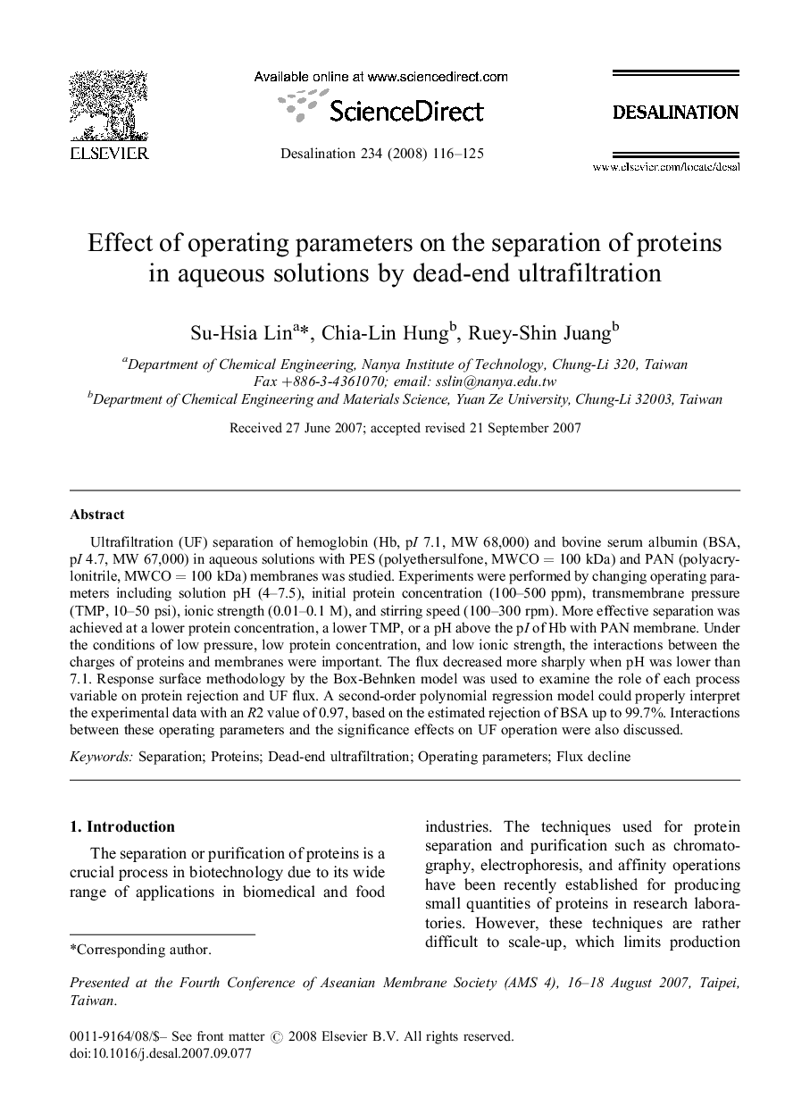 Effect of operating parameters on the separation of proteins in aqueous solutions by dead-end ultrafiltration